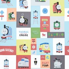 thomas the tank engine wallpaper in blue, pink, yellow and green with words on it