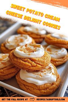 Discover the ultimate fusion of flavors with our Sweet Potato Cream Cheese Delight Cookies. These soft, chewy treats combine the natural sweetness of sweet potatoes with the rich, tangy cream cheese filling, creating an irresistible taste that impresses at any gathering. Perfect for festive occasions or a cozy dessert at home. Follow our easy steps to bake these cookies to perfection and elevate your cookie game to a whole new level. Save this pin to your dessert board for a must-try recipe that family and friends will rave about Yam Cookies Recipes, Sweet Potato Cheesecake Cookies, Sweet Potato Cookies Recipes, Cream Cheese Delight, Sweet Potato Cream Cheese, Sweet Potato Cookies, Cream Cheese Potatoes, Sweet Potato Cheesecake, Dessert Board