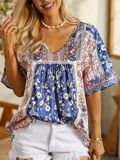 Eromis - Tribal Floral Print T-Shirt for Women: Casual V-Neck Half Sleeve Summer Top, Loose Fitting and Fashionable Bohemian V-neck Top With Boho Print, Graphic Print V-neck Tops For Vacation, Bohemian Printed V-neck Tops, Bohemian Blue V-neck Tops, Summer V-neck T-shirt For Vacation, Vacation Floral Print V-neck T-shirt, Summer V-neck Graphic Print Top, Printed V-neck T-shirt For Vacation, Bohemian V-neck T-shirt For The Beach