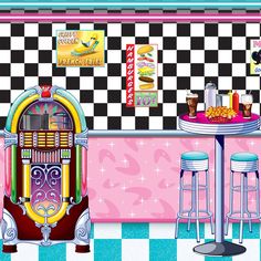 an illustration of a diner with checkered walls and colorful counter tops, two stools at the bar