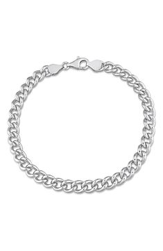 An Italian-made curb link bracelet brings classic style to your ensemble, designed with high polish sterling silver. 9" length Clasp closure Sterling silver Made in Italy Classic Silver Chain Charm Bracelet, Classic White Gold Cuban Link Sterling Silver Bracelet, Classic White Gold Charm Bracelet With Silver Chain, Classic Silver Chain Charm Bracelet With Oval Links, Silver Chain Link Charm Bracelet, Classic Cuban Link Bracelet With Oval Links, Classic Curb Chain Bracelet, Classic Sterling Silver Bracelet With Silver Chain, Classic White Gold Cuban Link Bracelet With Curb Chain