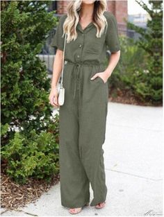 Elluis - Premium Cotton and Linen Button-up Jumpsuit featuring Short Sleeves, Adjustable Drawstring Waist, and Functional Pockets Sleeves Clothing, Straight Leg Pants, Drawstring Waist, Green Color, Leg Pants, Green Colors, Length Sleeve, Button Up, Jumpsuit