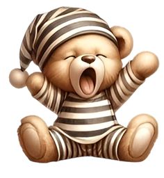 a teddy bear with its mouth open and wearing a striped hat on it's head