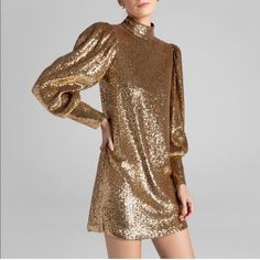 Questions? Leave A Comment Below! Brand New Never Worn With Tags Gold Chic Mini Dress For Holiday Party, Chic Sequin Dress For Formal Fall Events, Chic Sequin Dress For Fall, Chic Knee-length Sequin Dress For Date Night, Gold Midi-length Holiday Dress, Gold Long-sleeve Cocktail Mini Dress, Gold Long Sleeve Cocktail Mini Dress, Chic Gold Long Sleeve Midi Dress, Gold Long Sleeve Midi Dress For Cocktail