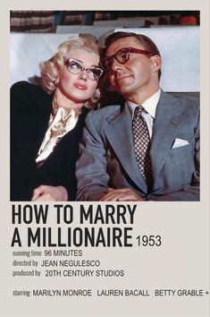 a man and woman sitting next to each other in front of a sign that says how to marry a millionaire 1953