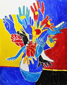 a painting with many different colored hands in it