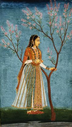 Mughal Miniature Painting Depicting a Lady Standing by a Tree in Blossom Mughal Miniature, Lady Standing, Mughal Miniature Paintings, Rajasthani Painting, Mughal Art Paintings, India Painting, South Asian Art, Mughal Paintings