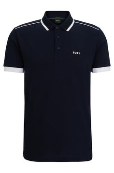 The model wears a size M and is 6'2" tall with a, 38" chest, 31" waist and 37" hips. A sporty polo shirt cut to a straight fit in cotton piqué with contrast branding, piping at the shoulders and tipping stripes by BOSS Menswear. Regular fit Neckline: Flat-knit collar Number of buttons: 3 Short sleeves Flat-knit cuffs Standard length 100% Cotton Machine Wash Cold Gentle Hugo Boss Man, Pique Polo Shirt, Cut Shirts, Knit Collar, Knit Cuff, Fit In, Hugo Boss, Piping, Dark Blue