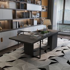 a modern office with black and white decor