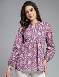 * Floral Print Mandarin Collar Pure Cotton Empire Top Printed Kurti / Embroidered Short Kurti / Indian Tunic / Summer-Spring Evening Dress / Cotton Tunic Tops * Purple regular empire top * Floral print * Mandarin collar, three-quarter, cuffed sleeves * Gathered or pleated detail * Woven cotton *Fabric:- Pure Cotton  *Wash Care:- Hand Wash AVAILABLE IN 6 SIZES THEY ARE IN FOLLOWING MEASUREMENTS IN INCHES:- XS:- Bust-34/Waist-26/Length-28 S:- Bust-36/Waist-28/Length-28 M:- Bust-38/Waist-30/Length-28 L:- Bust-40/Waist-32/Length-28 XL:- Bust-42/Waist-34/Length-28 XXL:- Bust-44/Waist-36/Length-28 NOTE ►►CUSTOMISATION We do customisation 👗✂️🥻✂️ ►►TRACKING We give full tracking to our valuable customers, you can track your package any time with tracking code provided by our shop. ►► Please feel Bohemian Kurta With Yoke For Navratri, Bohemian Blouse With Printed Motifs For Navratri, Bohemian Patterned Tops With Printed Motifs, Bohemian Long Sleeve Tops With Printed Motifs, Bohemian V-neck Top With Printed Motifs, Bohemian Long Sleeve Printed Tops, Festive Bohemian Floral Print Tops, Bohemian Straight Kurta Top With Printed Motifs, Bohemian Long Sleeve Kurta With Yoke Detail