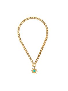 Materials: Turquoise stone Stainless steel 18k gold plated Measurements: L 17.3" (44 cm)PendantL 1" (2.7 cm)W 0.9" (2.4 cm) Closure:Toggle clasp Allergy information: Hypoallergenic. All of our products are in line with the Jewelry Quality Assurance standards. Care Instructions: Keep jewelry away from any moisture and liquid cosmetics and water. We suggest storing your jewelry separately in a soft pouch when not being used. Turquoise Pendant Charm Necklace With Adjustable Chain, Gold Turquoise Necklace With Lobster Clasp, Gift, Turquoise Gold Plated Necklace With Adjustable Chain, Turquoise Gold-plated Necklace With Adjustable Chain, Turquoise Necklace With Adjustable Chain, Turquoise Chain Necklace With Adjustable Chain As Gift, Gift Turquoise Chain Necklace With Adjustable Chain, Turquoise Metal Chain Necklace, Dress Reference