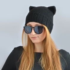 Black Cat Hat, Knit Cat Ear Hat or Cat Beanie, Womens Cat Hat or Mens Cat Hat Trendy Cat Ear Hat With Cat Design, Trendy Cat Ears Hat With Cat Design, Trendy Cat Design Hat With Cat Ears, Casual Beanie With Cat Ears, Casual Warm Beanie With Cat Ears, Trendy One Size Cat Ears Hat, Casual Cat-ears Hat With Cat Design, Casual Knitted Cat Ears Hats, One Size Cat Ear Hats With Cat Design