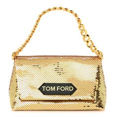 This is an authentic TOM FORD Sequin Mini Label Shoulder Bag in Gold. This chic shoulder bag is crafted of gold leather and sequins. It features a removable gold chain link strap and opens to a black leather interior with card slots. Luxury Gold Shoulder Bag For Party, Formal Gold Bag With Gold-tone Logo Plaque, Gold Leather Evening Bag, Luxury Gold Sequin Bag, Luxury Evening Shoulder Bag With Sequins, Luxury Evening Bags With Sequins, Luxury Sequin Bags For Evening, Luxury Sequined Shoulder Bag For Evening, Designer Sequin Bags For Formal Occasions