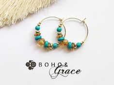 Embrace the spirit of bohemian beauty and elevate your boho style with these hoop earrings Crafted with 18k Gold ion plated hoops and accent beads, luminous honey Czech glass and vibrant blue turquoise beads. The combination of rich hues and luxurious gold exudes elegance, making these earrings a statement piece for any occasion, these earrings promise to enhance your individuality with their unique charm.  -25mm 18k Gold Ion Plated Hoops -4mm Blue Turquoise Beads -8mm & 2mm Honey Colour Fire Polished Czech Glass Beads - 2mm 18K Gold Plated End Beads -Beautifully Packaged to Be Gift Ready -Free Jewellery Pouch  Q U A L I T Y The upmost care goes into sourcing each and every material I use to ensure quality, and reliability.  Ion plating is a NEW innovative way of plating stainless steel je Bohemian Turquoise Hoop Earrings With Natural Stones, Turquoise Bohemian Hoop Earrings For Beach, Bohemian Turquoise Hoop Earrings For Beach, Bohemian Hoop Earrings With Natural Stones, Bohemian Gold Hoop Earrings With Natural Stones, Bead Hoop Earrings, Bohemian Beauty, Gift Idea For Women, Bohemian Style Jewelry