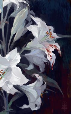 a painting of white flowers on a black background