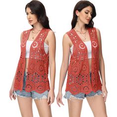 Introducing the Anna-Kaci Women's Floral Crochet Cardigan Lace Trim Sleeveless Open Front Vest. This lightweight and breathable cover-up features intricate floral crochet lace trim and a draped asymmetric hem for a simple yet stylish boho look. Stretch Vest For Vacation, Spring Sleeveless Open Knit Vest, Fall Sleeveless Open Knit Tank Top, Fall Open Knit Sleeveless Tank Top, Fall Season Sleeveless Open Knit Tank Top, Fall Season Open Knit Sleeveless Tank Top, Spring Vacation Sweater Vest Sleeveless, Spring Vacation Stretch Vest, Sleeveless Stretch Crochet Top For Fall