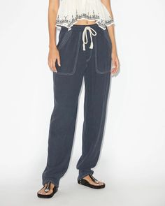 Viamao Pants Woman black | ISABEL MARANT Official online store Washed Black Loungewear Pants With Pockets, Washed Black Elastic Waistband Pants For Loungewear, Washed Black Sweatpants With Pockets For Loungewear, Washed Black Pants With Elastic Waistband For Loungewear, Relaxed Washed Bottoms For Loungewear, Indigo Straight Leg Pants With Elastic Waistband, Indigo Wide-leg Pants With Pockets, Straight Leg Washed Pants For Loungewear, Cotton Bottoms With Contrast Stitching And Tapered Leg