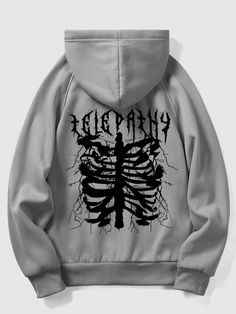 Gris Claro Casual Collar manga larga Tela Halloween,Letras Pullovers Embellished Elástico Ligero Thermal Hoodie, Stylish Hoodies, Dark Style, Grunge Punk, Unique Hoodies, Lined Hoodie, Skeleton Print, Tomboy Style Outfits, Diy Clothing