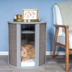 an orange cat is sitting in the corner of a small table with a white pillow on it