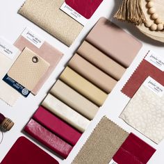 a flat lay of Jamie Stern leather and fabric samples in blush, pink and cream colors Color Palette, Furniture Design