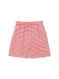 Details: Red and white striped element shorts Loose and straight fit Elasticated waistband design Side pockets Materials & Care: Cotton 84.5 % Polyester 13.4 % Spandex 2.1% Hand wash | Dry clean Do not bleach Size & Fit: Model is 5'7", Bust 32, Waist 24, Hips 35, wearing a size S Item #: LN1PA49 Spring Bottoms With Contrast Stripes, Short Bottoms With Contrast Stripes For Spring, White Bottoms With Striped Hem For Summer, Sporty Summer Bottoms With Striped Hem, Sporty Striped Hem Bottoms For Summer, White Shorts With Contrast Stripes For Summer, White Cotton Shorts With Contrast Stripes, Knitted Shorts, Waistband Design