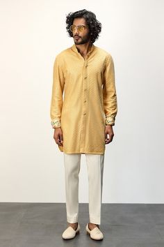 Yellow kurta with thread embroidery and printed cuffs. Paired with a white straight pant. - Aza Fashions Yellow Kurta, Men Kurta, Thread Embroidery, Band Collar, Pant Set, Embroidered Silk, Straight Pants, Aza Fashion, Pants Set