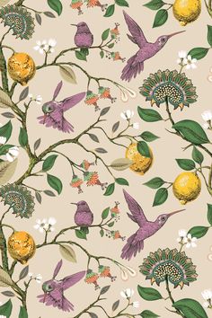 a wallpaper with birds and flowers on it