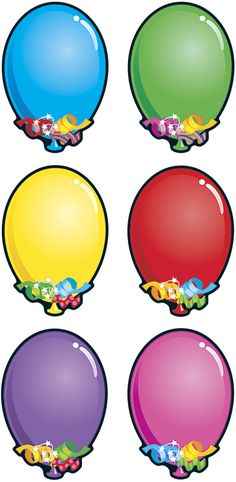 six balloons with different colors and designs on the top one is red, yellow, green, blue, and purple