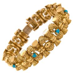 A magnificent Turquoise and 18k Yellow Gold TIFFANY&CO bracelet, Circa 1960's. The weight is 87 grams, the length is 7 inches, width is little over 1/2 inch (15mm). No original papers. Sea Glass For Sale, Tiffany And Co Bracelet, Retro Bracelet, 18k Gold Bracelet, Modern Bracelets, Antique Bracelets, Diamond Jewelry Designs, Bangles Jewelry Designs, Yellow Gold Bracelet