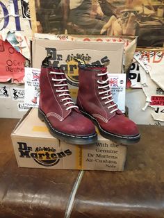 This pair of boots are an old, original, Made in England Dr Martens boots. This is the classic 1460 model.  The 8 hole boot is by far and away their most popular. This boot has been made using a very strong, but super soft waxy Suede. Finished in Red, this leather is brilliant in all weathers. They have trademark cushioned sole unit with a beige stitch that compliments the upper better. They are size UK 6.5, EUR 40, ladies US 8.5 Colin Baker, Dr Martens Boots, The 8, Dr. Martens Boots, Dr. Martens, Boot Shoes Women, New Shoes, Perfect Pair, Soft Leather