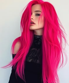 Curly hair with neon pink peek-a-boo highlights, creating a playful and bold look. Ideal for a dynamic and youthful style. Vivid Hair With Shadow Root, Dark Vivid Hair, Hot Pink Hair With Light Pink Highlights, Pink Hair Neon, Pink Hair With Shadow Root, Pink And Red Hair, Black And Pink Hair, Fuschia Hair, Neon Pink Hair