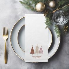 Seasonal festive cloth table dinner napkin design features a classy display of three snowy Christmas trees in red, gold & pink on a snowy white background. "Merry Christmas" is featured below the trees in elegant classic typography. Add a custom name or line of custom text in matching red script with the simple-to-use template. Fabric Christmas Tree Napkins, Half Circle Christmas Tree Napkins, Custom Christmas Napkins, Christmas Tree Paper Napkins, Christmas Cocktail Napkins Paper, Snowy Christmas Tree, Napkin Design, Cloth Dinner Napkins, Custom Napkins