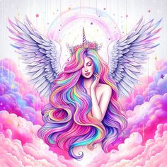 a woman with long hair and a unicorn - like crown on her head is surrounded by clouds