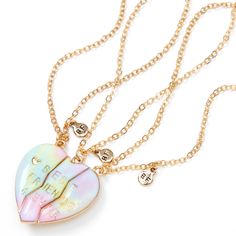 This set of pendant necklaces will have you and your BFFs matching! Set of 3 breakapart heart pendants feature blue and pink pastel colors with an ombre design. Finish: Gold-tone Length: 16" Closure: Lobster clasp Pack Size: 3 Material: Metal - Claire's Best Friends Pastel Ombre Heart Pendant Necklaces - 3 Pack Best Friend Jewelry For 3, Best Friends Necklaces For 3 Bff, 3 Best Friends Necklace, Friendship Necklace With Heart Pendant And Charm, Double Heart Charm Necklace For Friendship, Valentine's Day Necklace With Heart Charm For Friendship, Nickel-free Heart Pendant Necklace For Friendship, Friendship Necklace With Heart Pendant, Heart Charm Necklace For Friendship