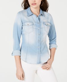 Guess Denim Snap Closure Shirt Devon Wash M Le Suit, Sweater Blazer, Faded Denim, Stylish Shirt, Matching Family Outfits, Family Outfits, Sleeves (women), Jones New York, Stylish Shirts