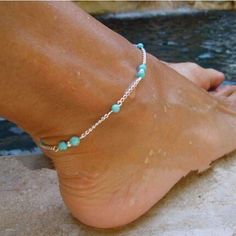 Feshionn IOBI Anklets Turquoise Turquoise Bead Anklet Silver Chain Anklet, Turquoise Anklet, Crochet Barefoot Sandals, Bracelet Party, Leg Chain, Beaded Ankle, Unique Women, Crochet Sandals, Beach Anklets