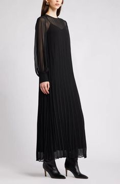 Nordstrom Pleated Long Sleeve Layered Chiffon Dress | Nordstrom Layered Chiffon Dress, Long Sleeve Layer, Jewel Neck, Nordstrom Store, Fabric Gifts, Free Fabric, Black Fits, Nordstrom Dresses, Pleated Dress