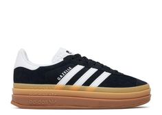 PRICES MAY VARY. adidas Gazelle Bold Womens Black Gum IE0876 Size 7.5 Brand: adidas Product Type: SHOES It wouldn't be a list of adidas' most iconic shoes without the Gazelle. First worn on indoor courts in the '70s, the suede shoe is gaining new fans to this day. Now the style you covet is lifted up to new heights. It's stacked three layers high, for a new perspective on the classic style. The details stay sporty with buttery-soft suede and serrated 3-Stripes. A metallic-gold "Gazelle" is the f Adidas Gazelle Women, Adidas Gazelle Bold, Gymnastics Shoes, Gazelle Bold, Iconic Shoes, Indoor Soccer, Female Gymnast, Black Gums, Adidas Originals Mens