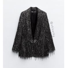 New With Tag Seller: @Chloethy Brand Zara Zara F/W 2023 Collection Open Front Blazer With Lapel Collar And Long Sleeves With Shoulder Pads. Sequin And Fringe Appliqu. Black / Silver | 8917/873 Outer Shell 95% Polyester 5% Elastane Lining 100% Acetate Chic Embellished Outerwear For Party Season, Chic Embellished Winter Blazer, Elegant Evening Outerwear For Party Season, Luxury Silver Outerwear For Parties, Silver Blazer For Night Out, Chic Silver Blazer For Party, Luxury Outerwear For Night Out, Elegant Metallic Blazer For Night Out, Elegant Silver Blazer For Night Out