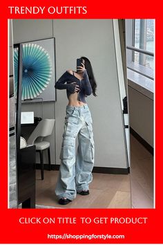 Y2K Style Blue Jeans: High Waist Streetwear Wide Leg Pants Women Blue Jeans, Street Decoration, Cargo Pants Outfit Women, Cargo Pants Outfits, Denim Decor, Baggy Cargo Pants, Fashion Y2k, Winter Jeans, Hip Hop Streetwear