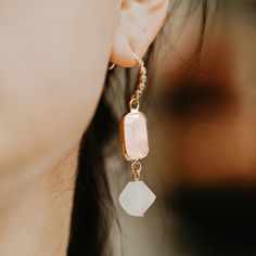 A play of multi-shaped Rose Quartz stones with these Penelope Rose Pink Earrings. Material: Natural Rose Quartz Stone Length: 2" Pink Rose Quartz Earrings With Natural Stones, Rose Gold Dangle Earrings With Rose Quartz, Nickel Free Rose Quartz Jewelry, Rose Gold Rose Quartz Drop Earrings, Pink Rose Quartz Drop Earrings, Rose Quartz Gemstone Drop Earrings, Pink Rose Quartz Jewelry With Matching Earrings, Rose Quartz Drop Earrings For Jewelry Making, Feminine Rose Gold Single Earring