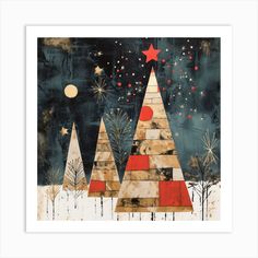 an art print with trees and stars in the night sky