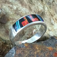 David Rosales Red Moon Fancy Inlaid Sterling Silver Ring Mens Turquoise Rings, Contemporary Southwest, Arrow Jewelry, Huggie Earrings Silver, Black Arrow, Silver Link Bracelet, American Indian Jewelry, Southwest Jewelry, Red Moon