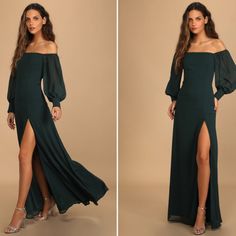 two photos of a woman wearing a green dress with long sleeves and thigh high slits