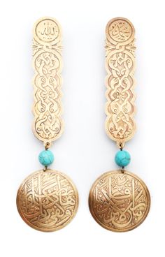 Owning this item will not just make you feel very exclusive but also fell good that creating jobs and preserving such wonderful skills Handmade Material: brass and turquoise colored stones Weight per half: 30 grams ( 1 oz) Length: 16.5 cm (6.4 inch) from top to bottom Max Radius of lower part : 5 cm (1.96 inch) Holds to the ear with a clipper $70 Brass Jewellery Handmade, Islamic Jewelry, Gold Necklace Indian, Long Pearl Necklaces, Pearl Jewelry Necklace, Gold Accessories, Pretty Earrings, Gold Jewellery Design