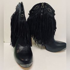 New In Box Sam Edelman Kiana ~ Black Leather, Silvertone Studs, Jet Faceted Crystals , Long Fringe, 5” Heel With 1” Platform~ Bootie. Size 9.5m. Love This Boots Just To High For Me Fringe Heels, Long Fringe, Long Fringes, Leather Fringe, Faceted Crystal, Sam Edelman Shoes, Sam Edelman, Summer Wardrobe, Bootie