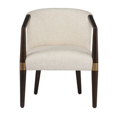 an upholstered chair with wooden legs and a white fabric seat, viewed from the front