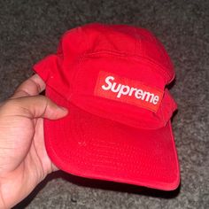 Red Supreme Hat Red Cap Hat, One Size Fits Most, Red Casual Baseball Cap For Winter, Red Winter Baseball Cap For Outdoor, Casual Red Hat With Short Brim, Red 5-panel Snapback Hat, Red Cap For Streetwear, Trendy Red 5-panel Hat, Red Short Brim Baseball Cap, Casual Red Snapback Hat