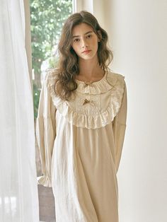 Composition : 100% cottonCountry of Origin : indonesia Feminine Long Sleeve Dress With Lace Collar, Cream Long Sleeve Daywear Dress, Cream Long Sleeve Dress With Lace Collar, Casual Long Sleeve Dress With Lace Collar, White Cotton Home Dress, Long Sleeve Cotton Sleep Dress, Cotton Long Sleeve Sleep Dress, White Cotton Dress For Home, Beige Cotton Spring Sleepwear