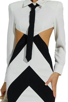 Chic Evening Dresses With Tie Neck, Formal Cutout Mini Dress, Chic Formal Dress With Tie Neck, Formal Mini Dress With Cutout, Chic Tie Neck Workwear Dresses, Elegant Party Dresses With Contrast Color, Chic Spring Mini Dress With Color Block, Chic Color Block Mini Dress For Spring, Elegant Color Block Party Dress